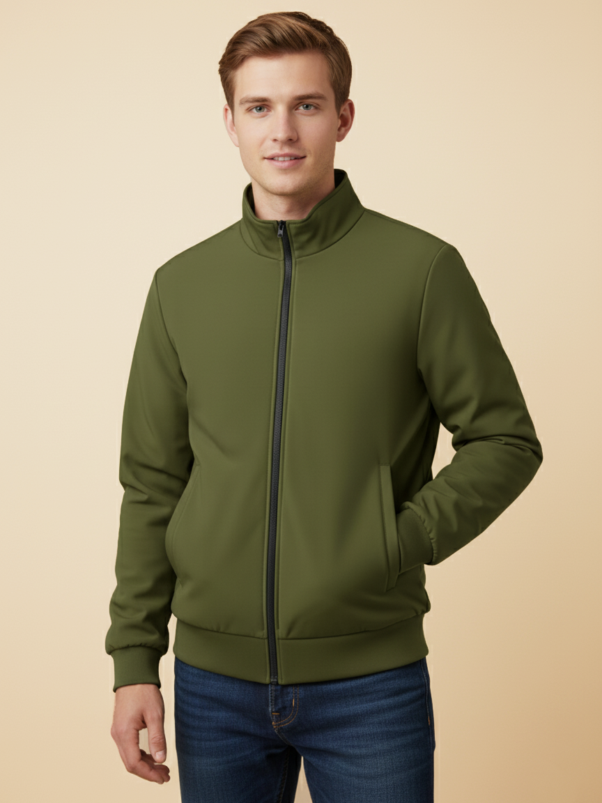 Stylish Winter Zipper Mockneck Jacket For Men-Olive Green-BRPH22