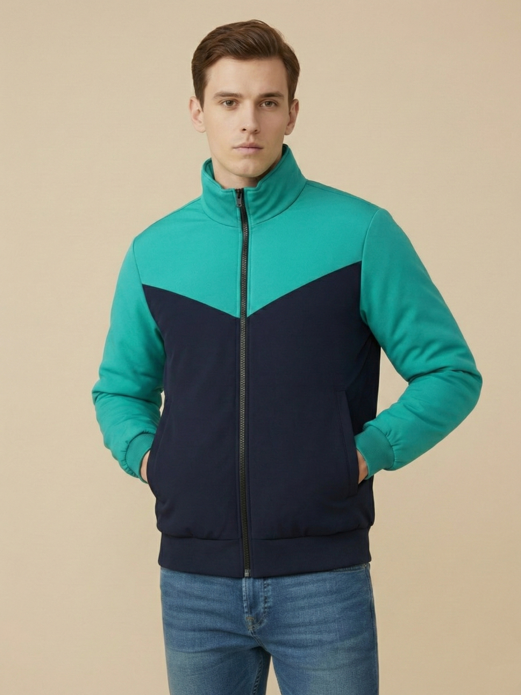 Stylish Winter Zipper Mockneck Jacket For Men-Cyan Green & Dark Navy-BRPH28