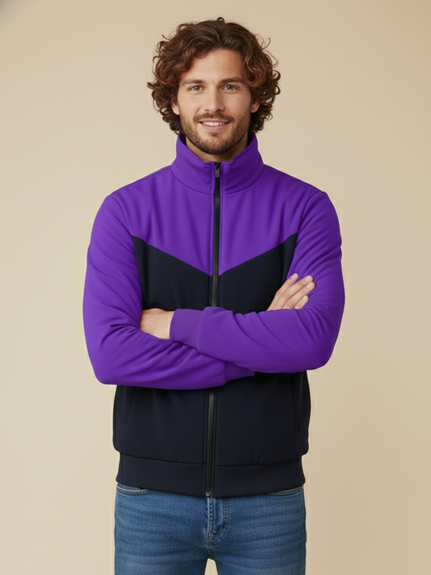Stylish Winter Zipper Mockneck Jacket For Men-Purple & Dark Navy-BRPH30