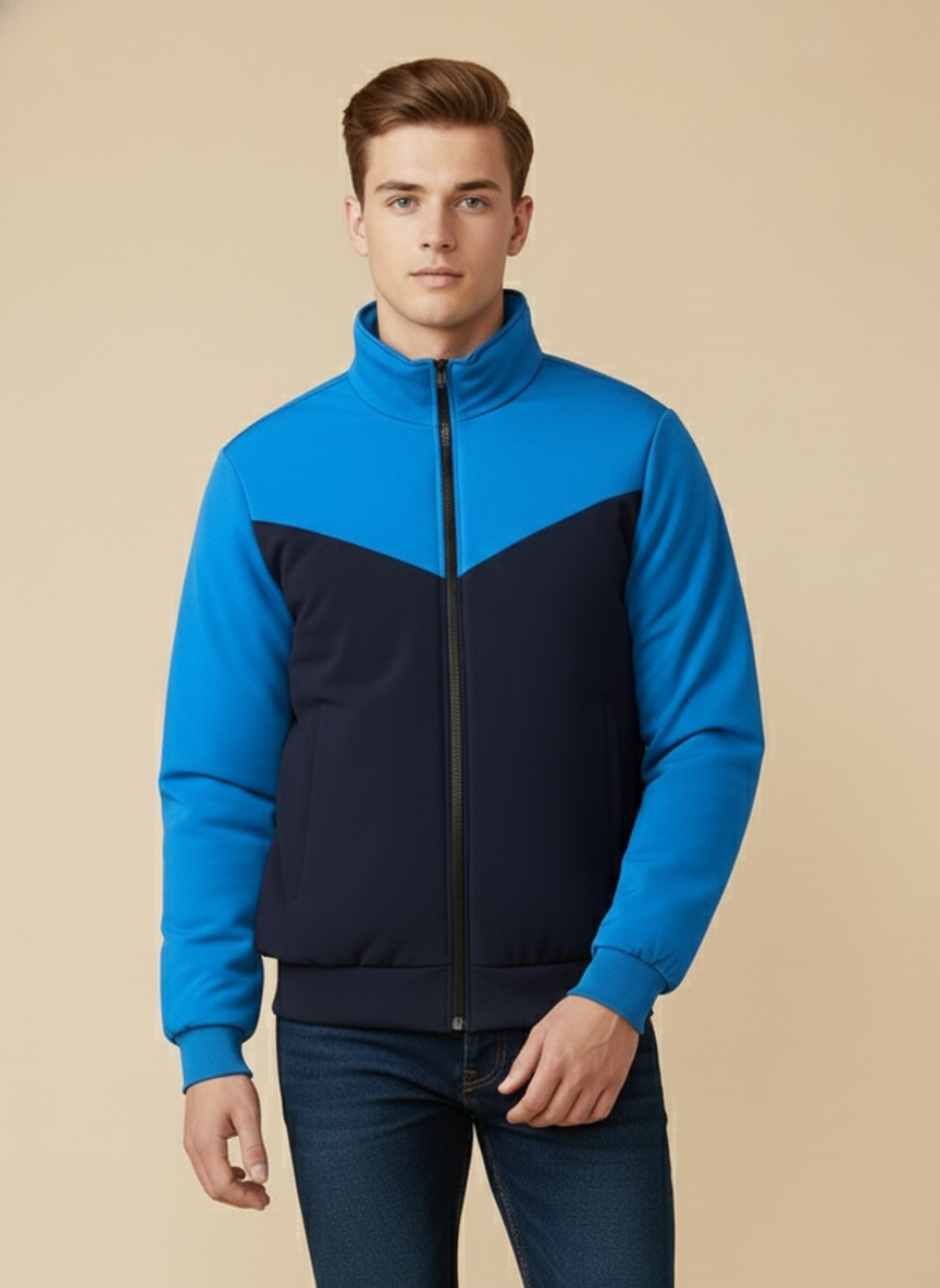 Stylish Winter Zipper Mockneck Jacket For Men-Light Royal & Dark Navy-BRPH32