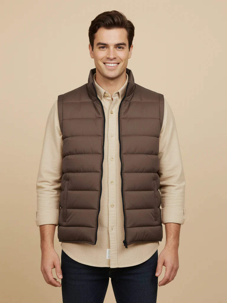 Stylish Puffer Sleeveless Zipper Mockneck Jacket For Men-Chocolate-BRPH23