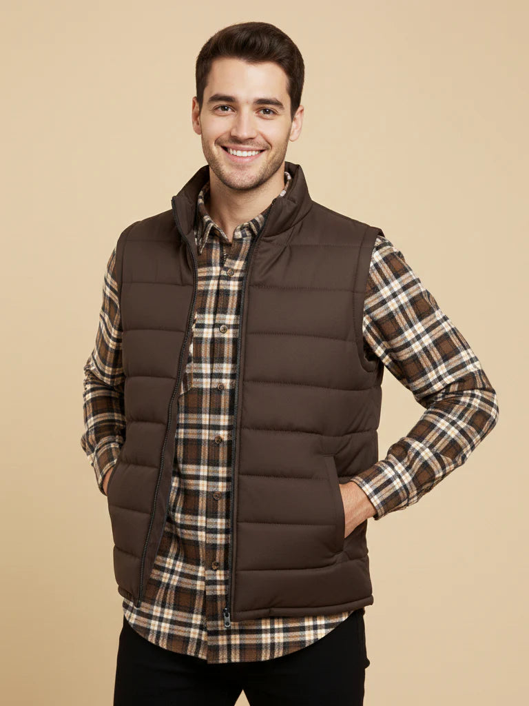 Payper Winter Sleeveless Zipper Mockneck Jacket For Men-Chocolate-PH24