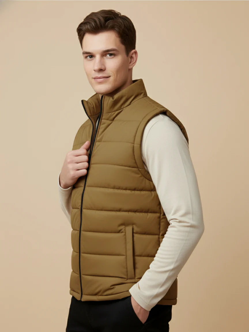 Stylish Puffer Sleeveless Zipper Mockneck Jacket For Men-Light Brown-BRPH24