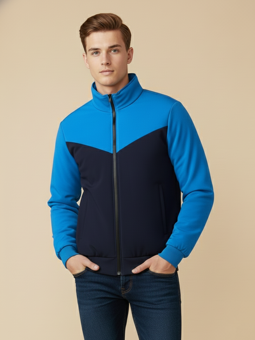 Stylish Winter Zipper Mockneck Jacket For Men-Light Royal & Dark Navy-BRPH32