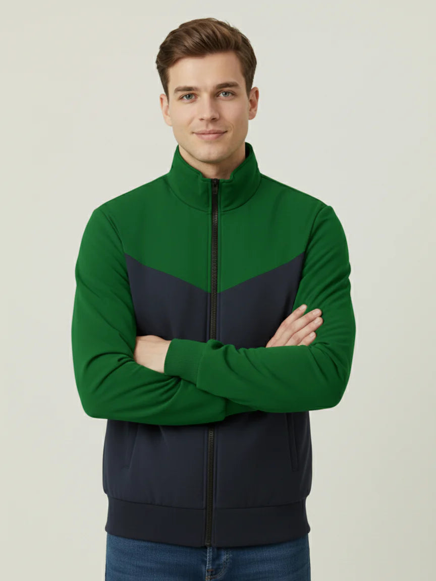 Stylish Winter Zipper Mockneck Jacket For Men-Green & Dark Navy-BRPH24
