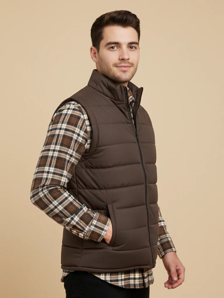 Payper Winter Sleeveless Zipper Mockneck Jacket For Men-Chocolate-PH24