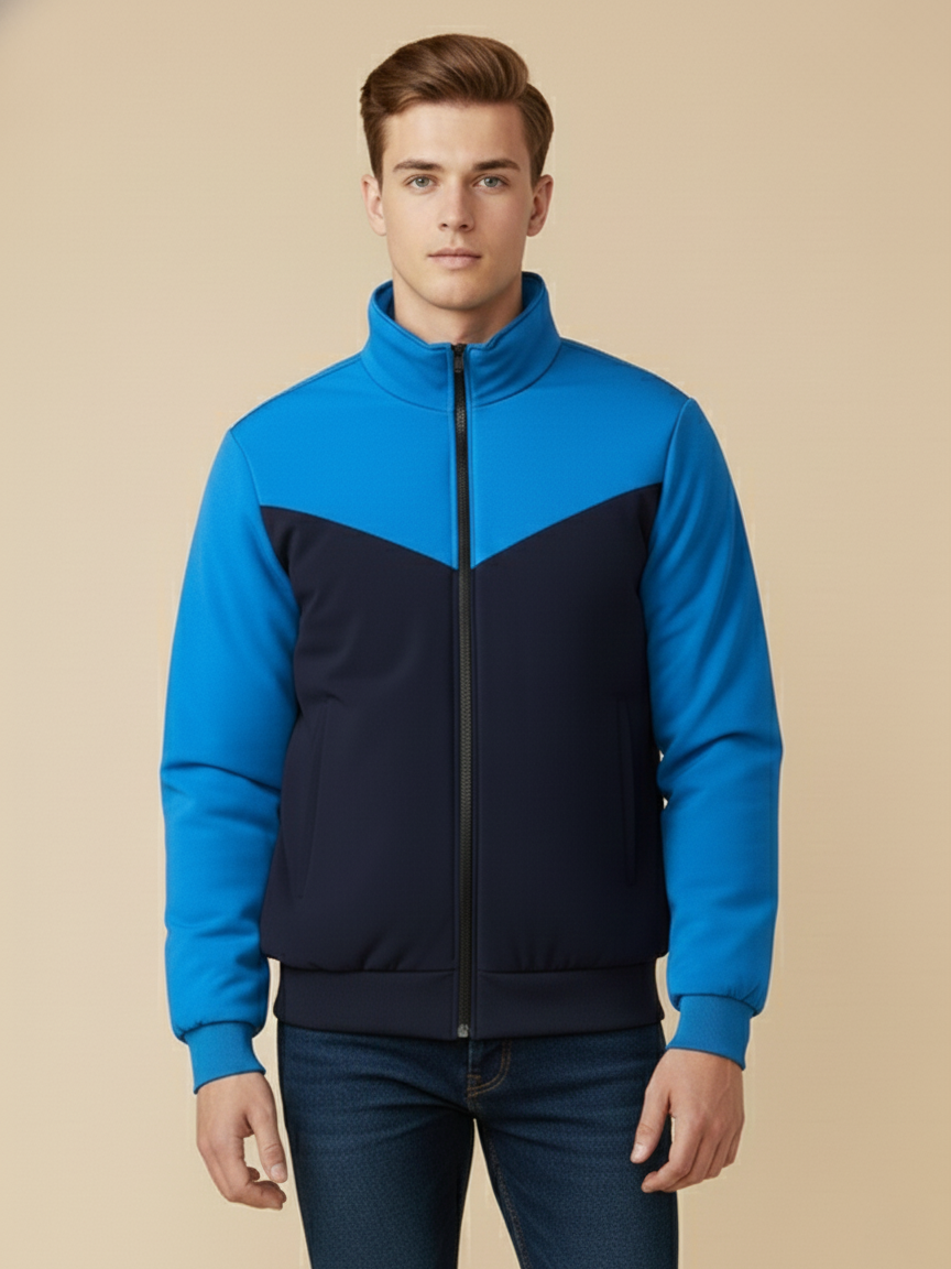 Stylish Winter Zipper Mockneck Jacket For Men-Light Royal & Dark Navy-BRPH32