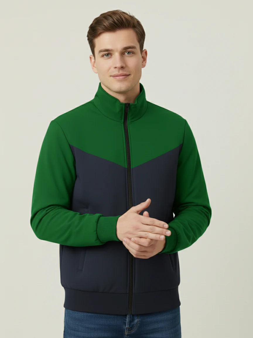 Stylish Winter Zipper Mockneck Jacket For Men-Green & Dark Navy-BRPH24