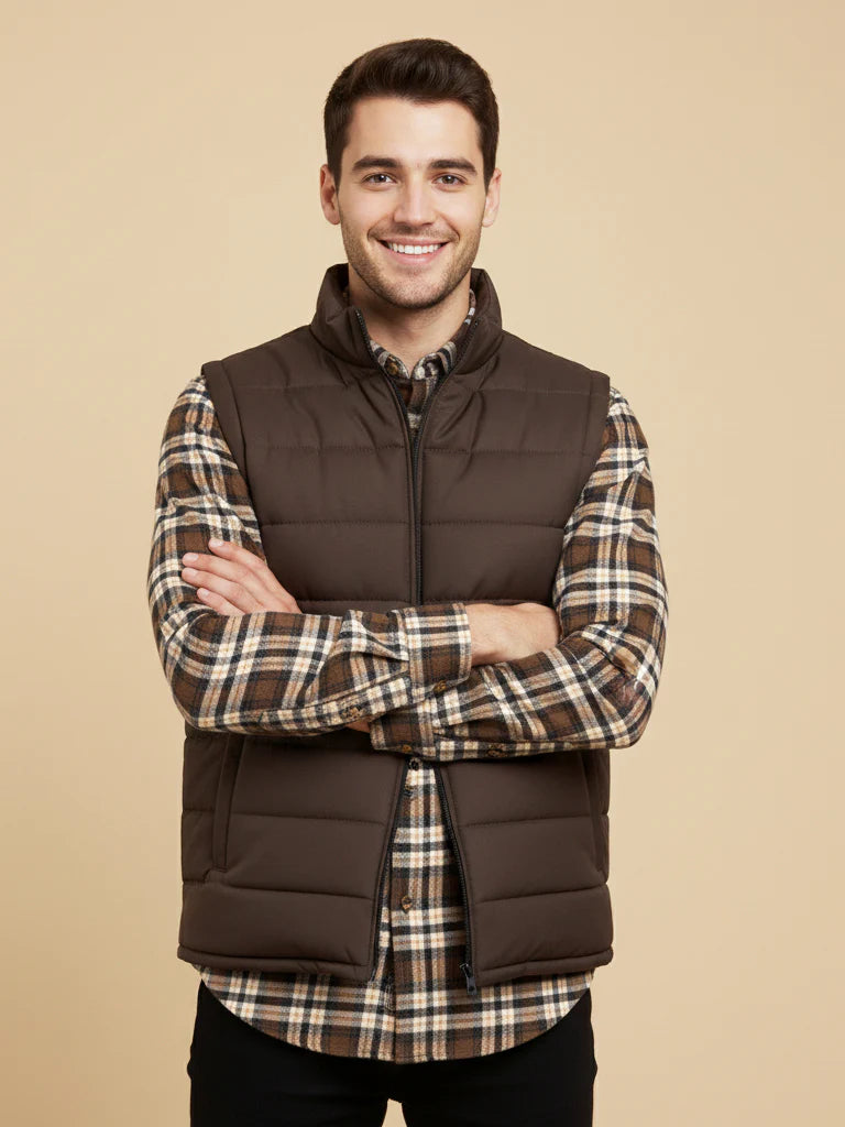Payper Winter Sleeveless Zipper Mockneck Jacket For Men-Chocolate-PH24