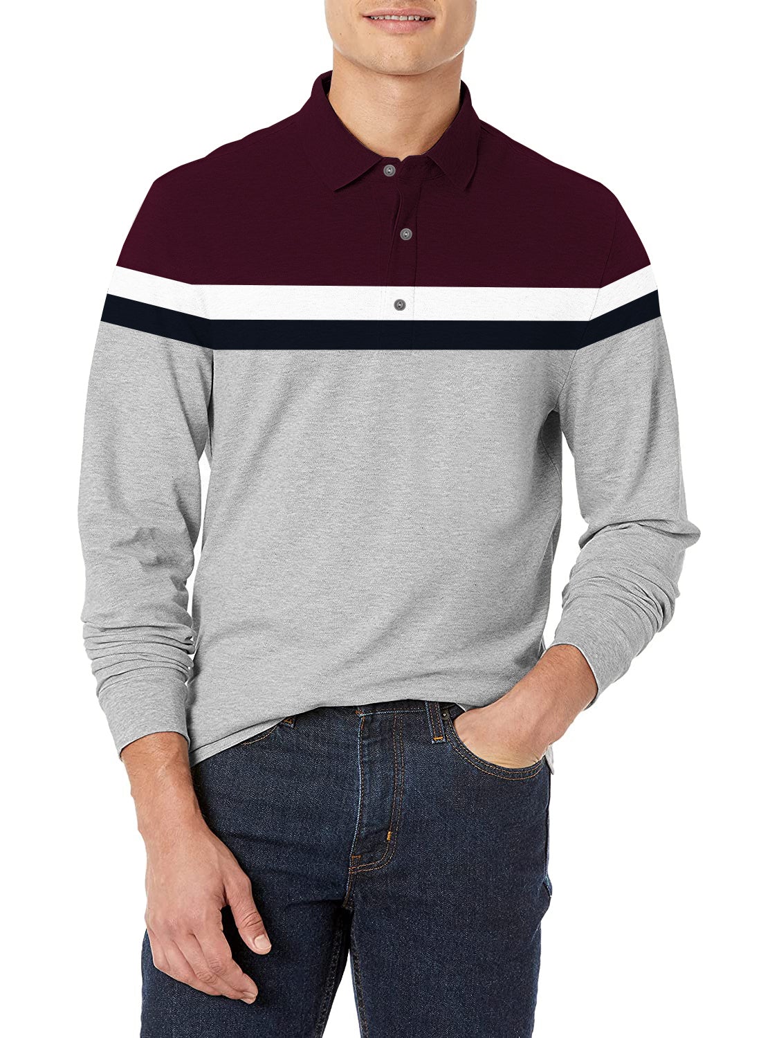 Everest Long Sleeve P.Q Polo Shirt For Men-Grey Melange & Burgundy Striper-RT267