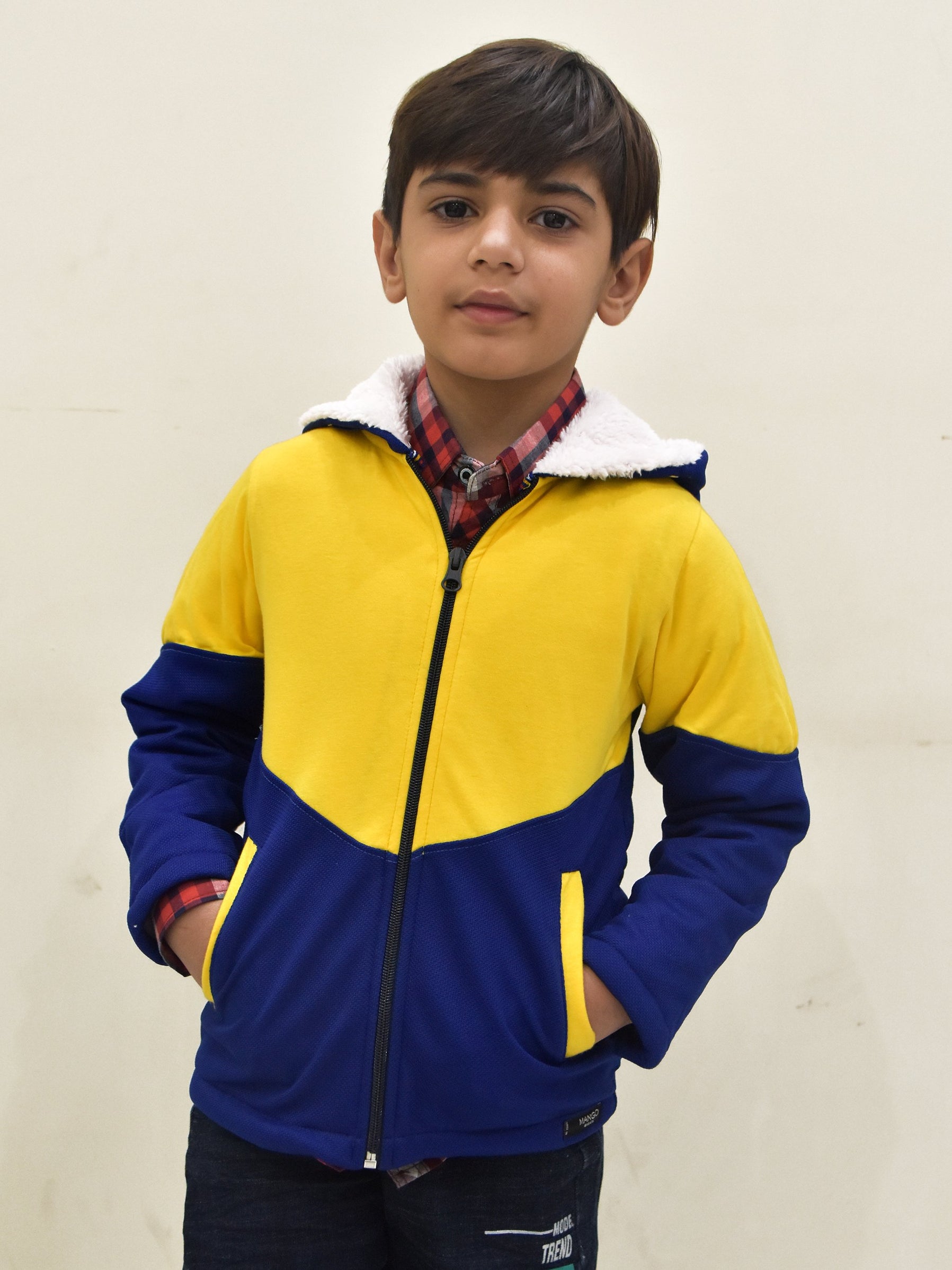 Mango Stylish Inner Fur Zipper Hoodie For Kids-Yellow & Royal Blue-BE153/BR964