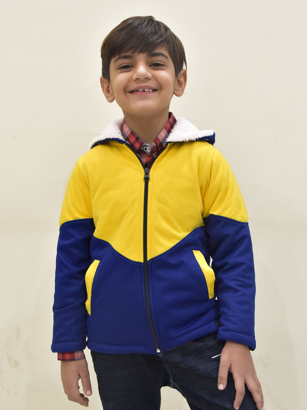 Mango Stylish Inner Fur Zipper Hoodie For Kids-Yellow & Royal Blue-BR964