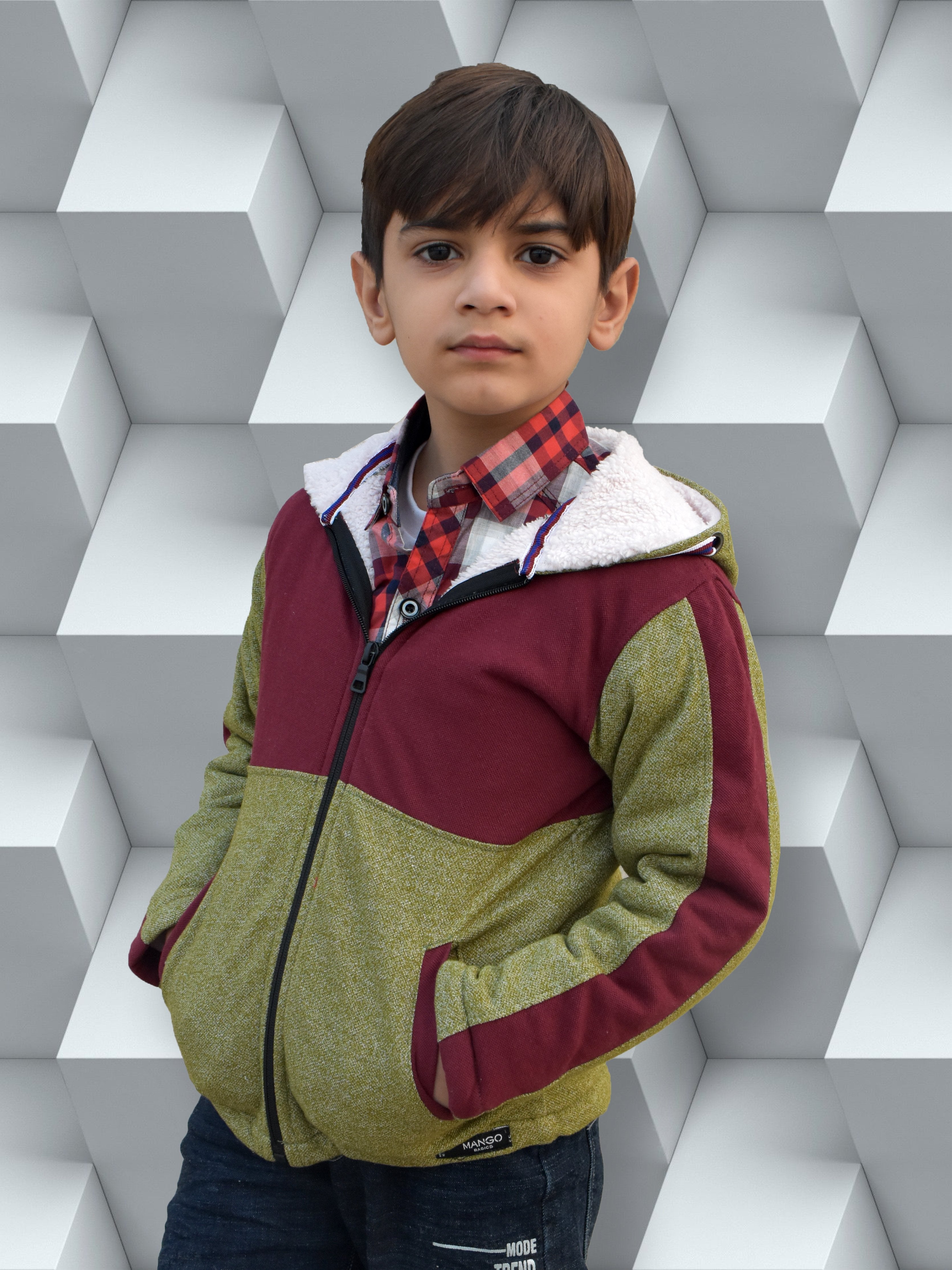 Mango Stylish Inner Fur Zipper Hoodie For Kids-Green Melange & Burgundy-NA13914