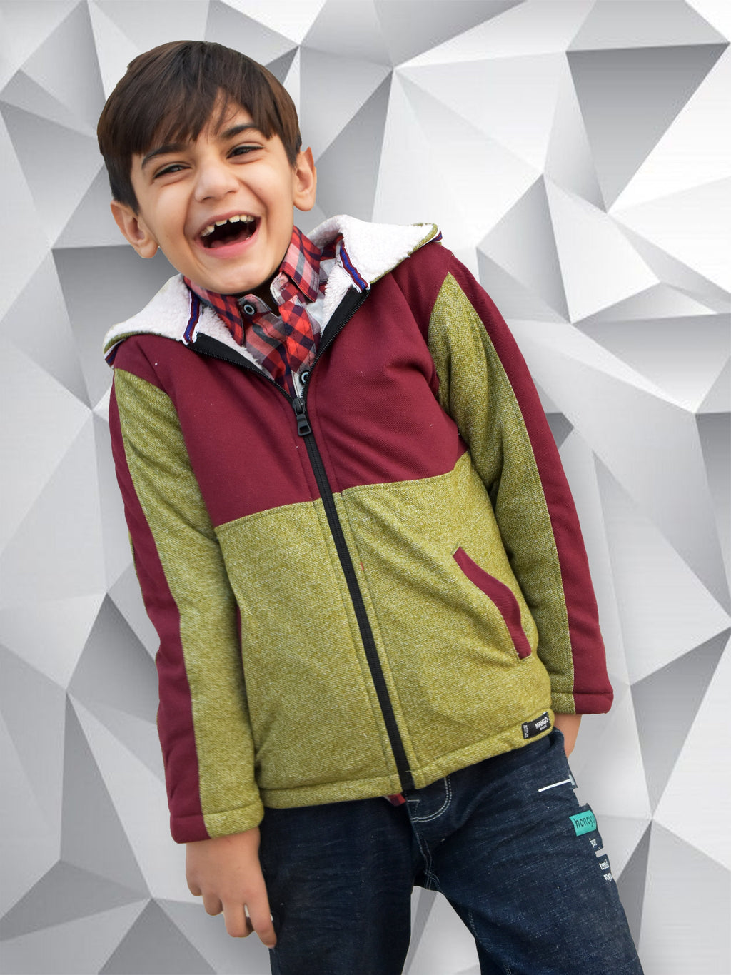 Mango Stylish Inner Fur Zipper Hoodie For Kids-Green Melange & Burgundy-NA13914
