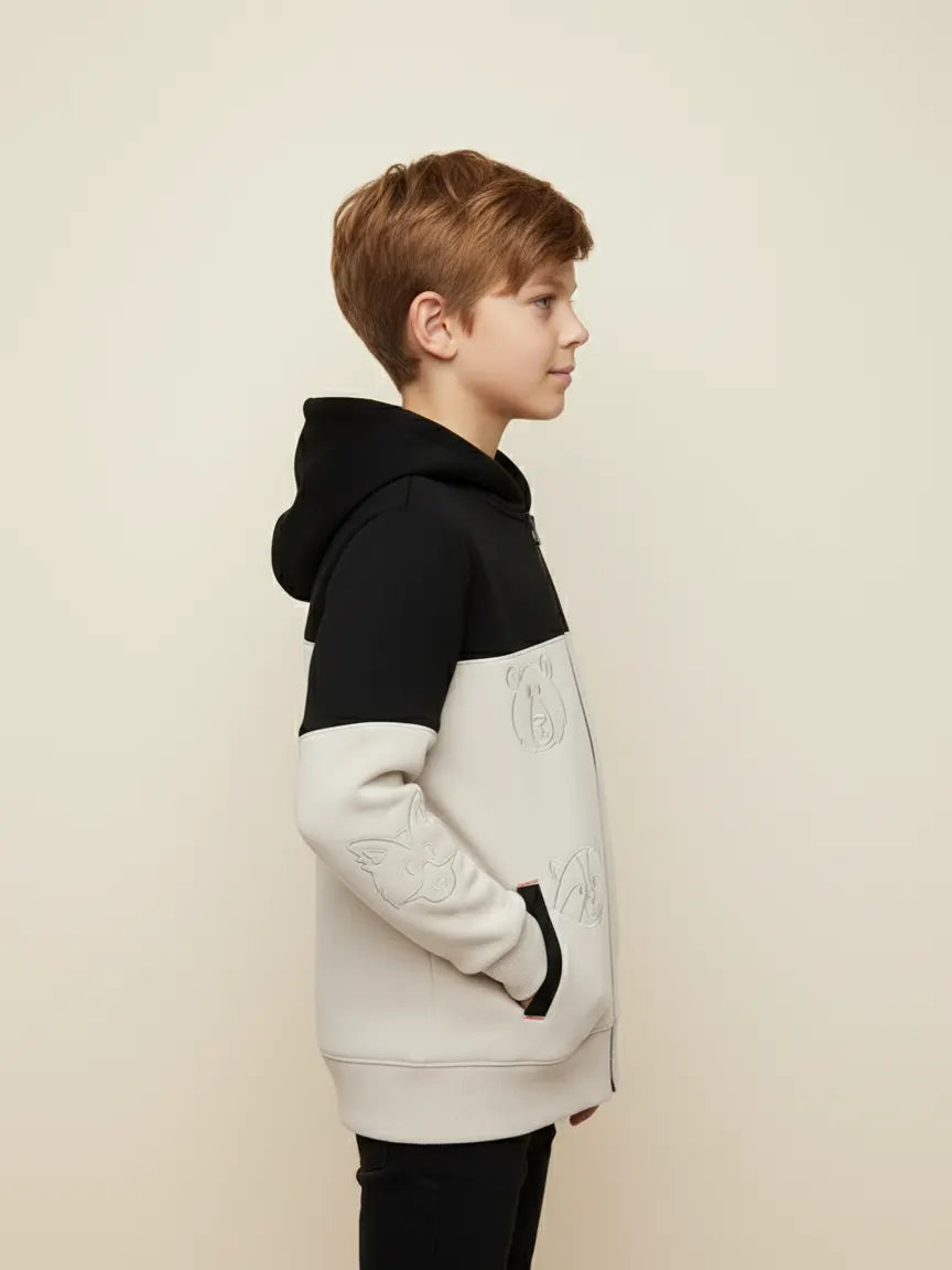 NXT Inner Hood Fur Fleece Full Zipper Hoodie For Kids-Wheat with Black Panels-BE2349/BR14456