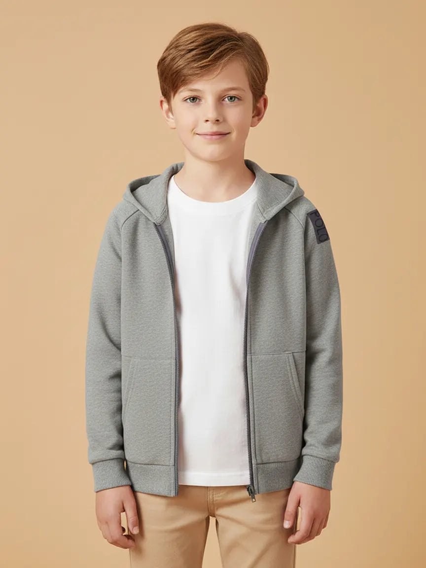 Nyc Polo Raglan Sleeve Fleece Zipper Hoodie For Kids-Grey Melange-SP1245/RT2308