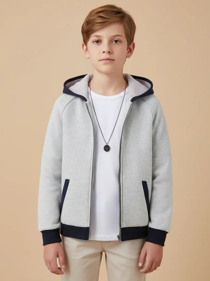 NXT Inner Hood Fur Fleece Full Zipper Hoodie For Kids-Grey Melange with Navy Panels-BE2403/BR14475