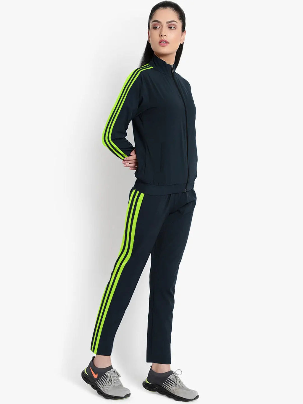 Louis Vicaci Fleece Zipper Tracksuit For Ladies Navy with Lime Green Stripe-RT2120