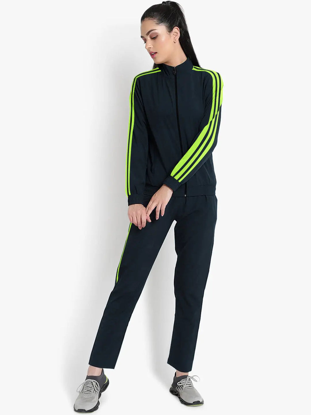 Louis Vicaci Fleece Zipper Tracksuit For Ladies Navy with Lime Green Stripe-RT2120