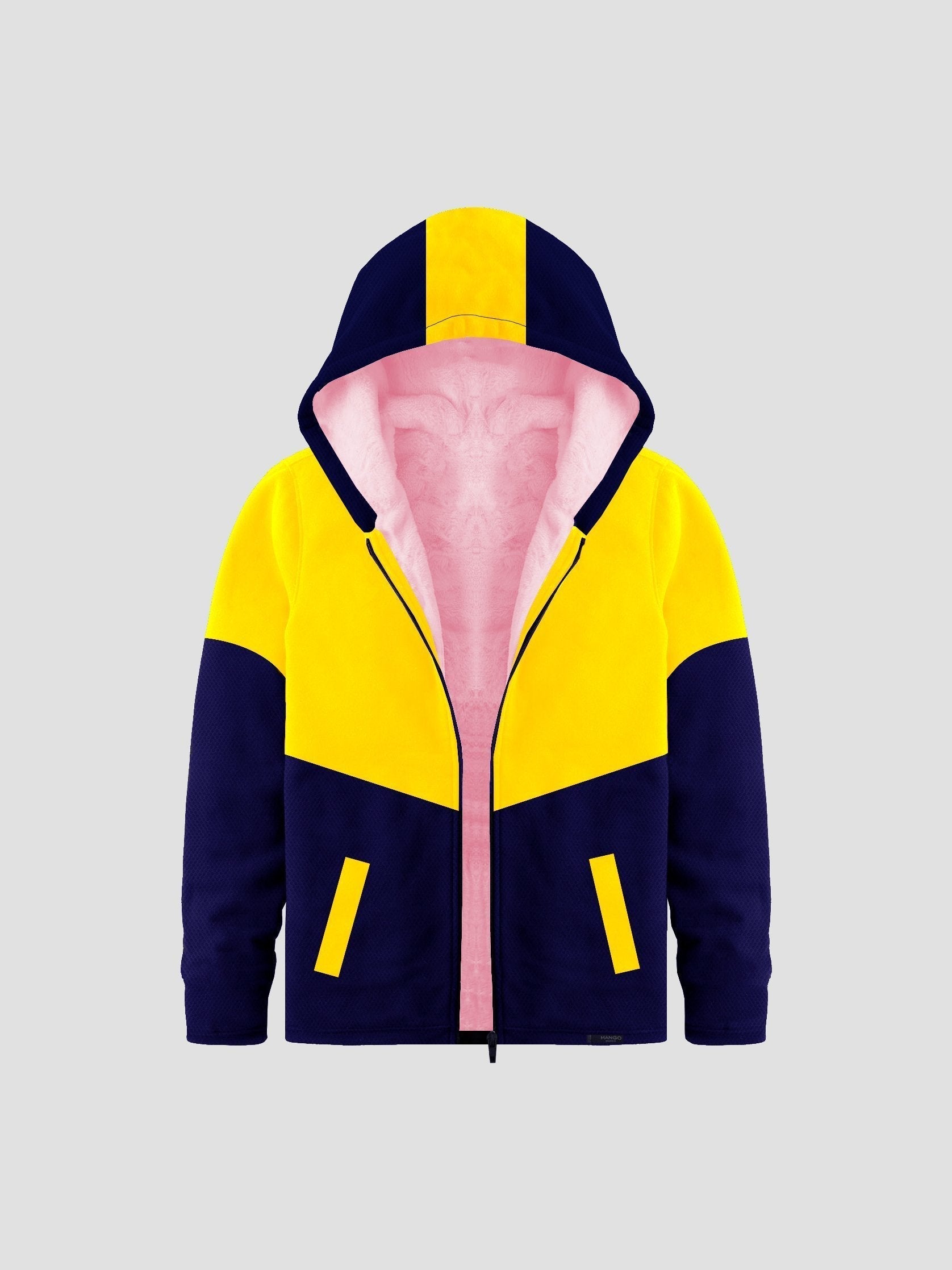 Mango Stylish Inner Fur Zipper Hoodie For Kids-Yellow & Royal Blue-BR964