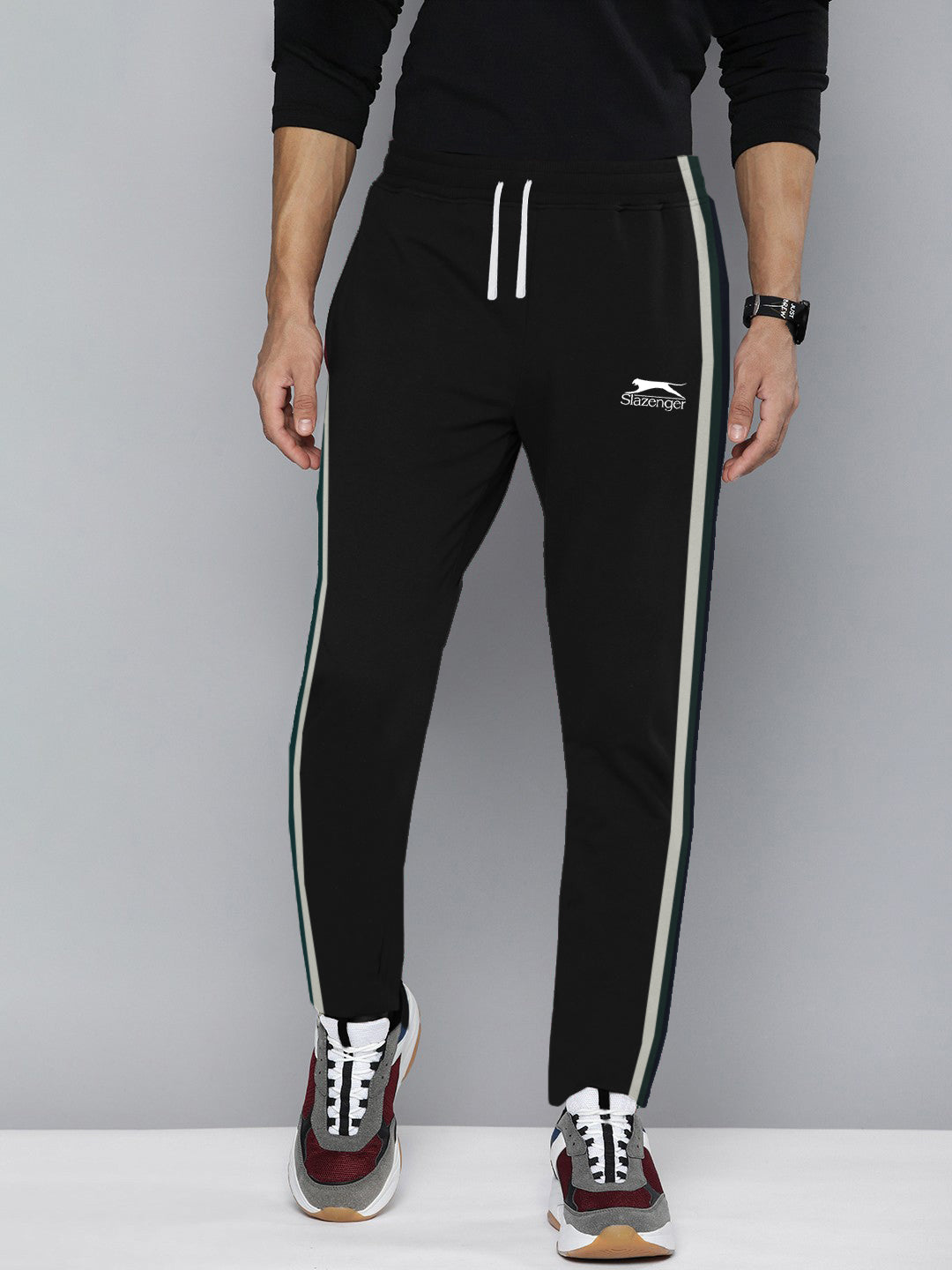 Slazenger Fleece Stylish Sweatpants For Men-Black with Green & Blue Stripe-BR14353