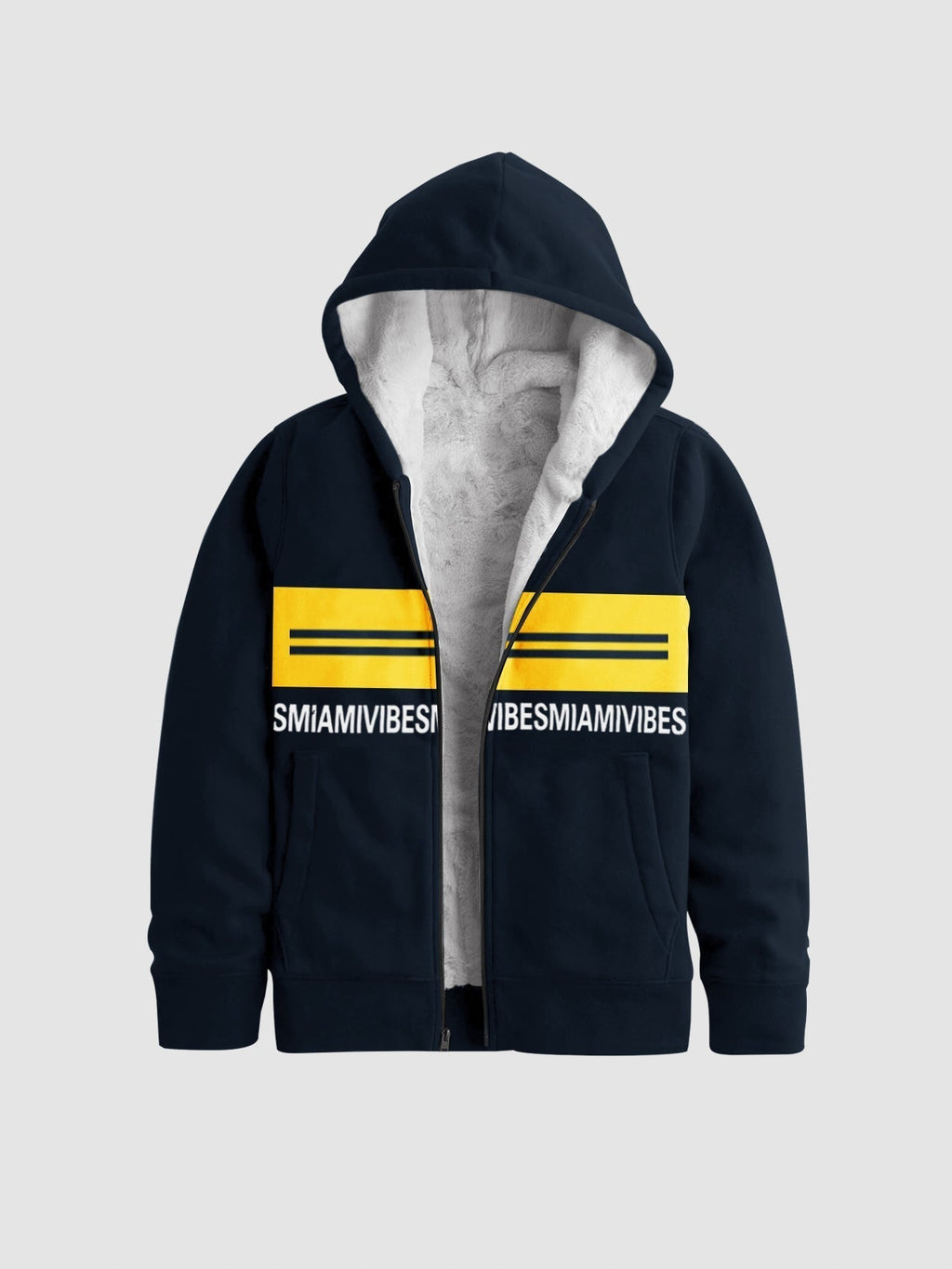 Miami Vibes Stylish Inner Fur Zipper Hoodie For Kids-Navy With Lime Yellow Panel-SP1174/RT2292