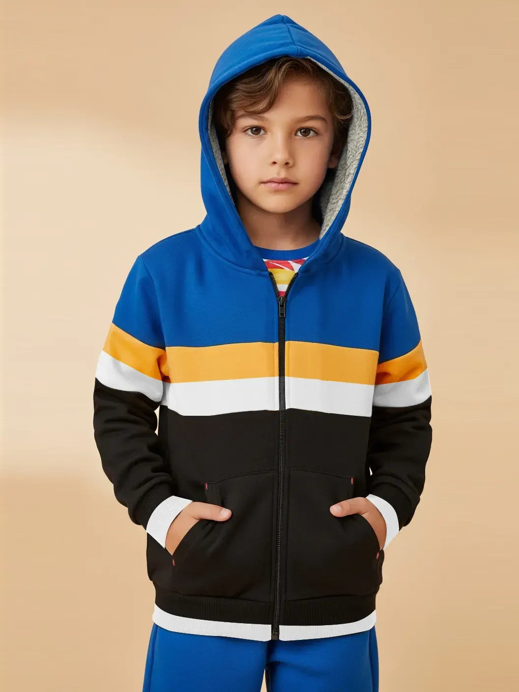NXT Inner Fur Hood Fleece Full Zipper Hoodie For Kids-Black, Blue with Orange & White Panels-BE2795/BR14680